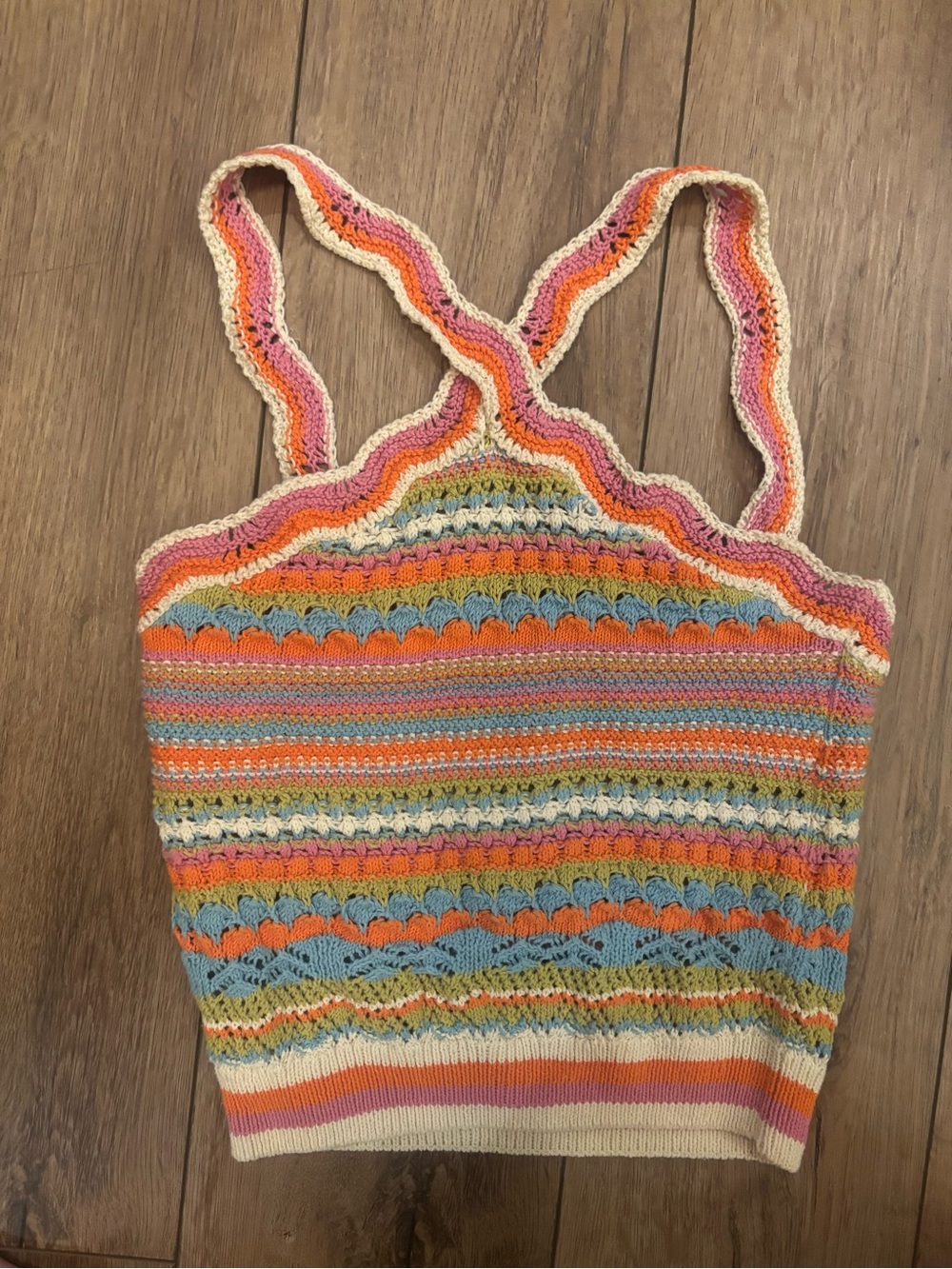 Zara Sz S Multicolor Crochet Knit Tank Top — Orange, Pink, Blue & Cream